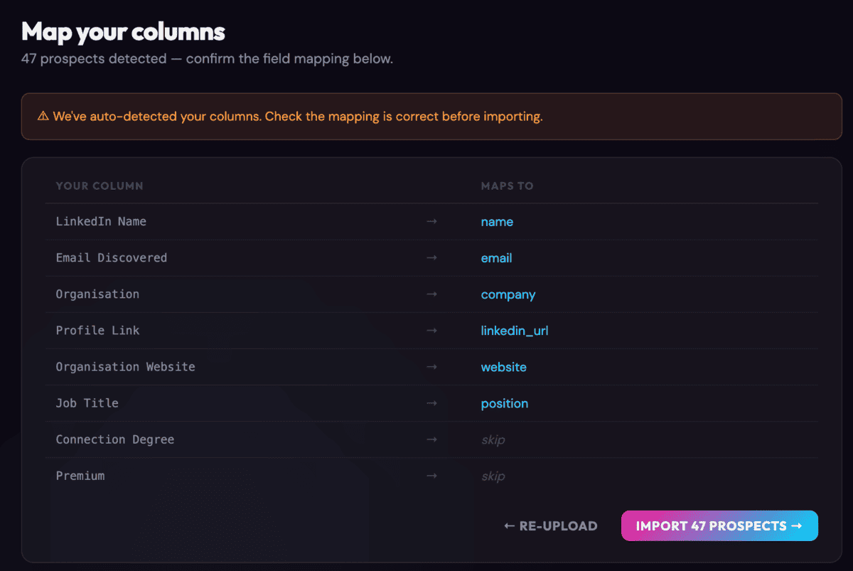 Import screen 2